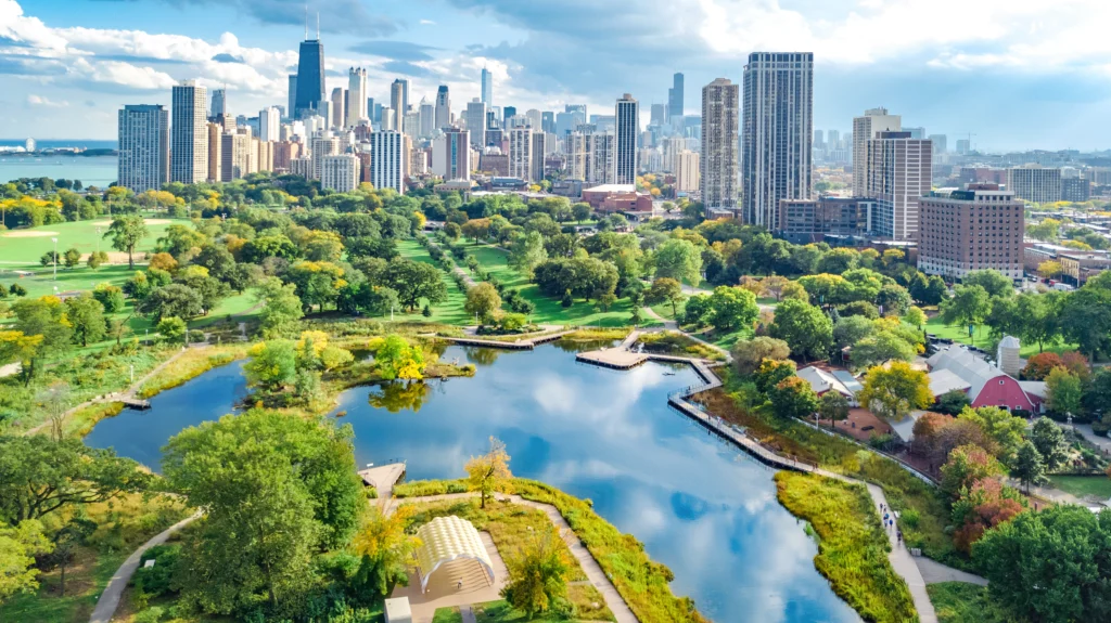 Chicago skyline aerial drone view from above, lake Michigan and city of Chicago by JaySi, Shutterstock
